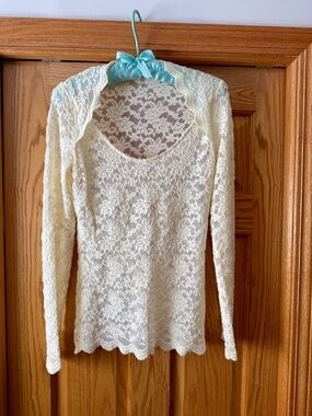 Guess Cream Crochet Lace Top with Branded Accent